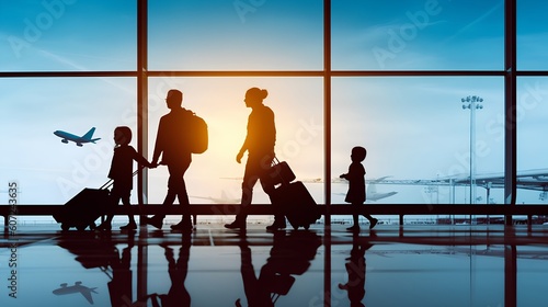 Family travel, showcasing silhouette figures of family members inside an airport terminal. The vibe of togetherness, excitement, and wanderlust. Generative AI