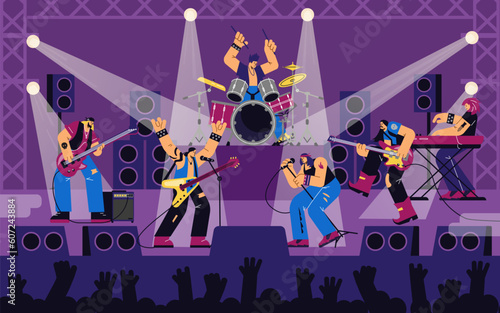 Rock band concert vocalist  drummer  pianist  guitarist on scene  crowd. Vector illustrations of disproportionate characters.