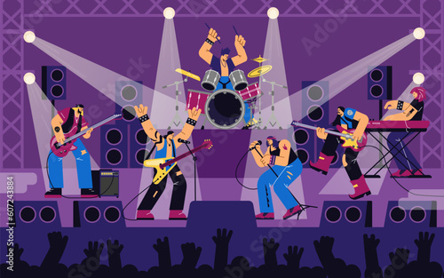 Rock band concert vocalist, drummer, pianist, guitarist on scene, crowd. Vector illustrations of disproportionate characters.