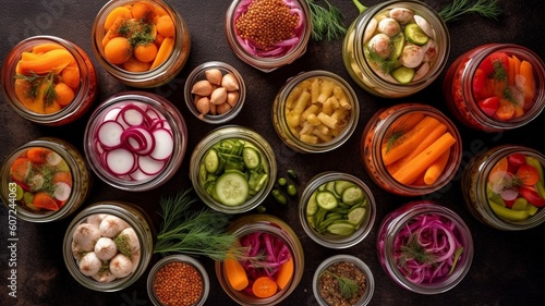 Jars with variety of pickled vegetables and fruits Generative AI