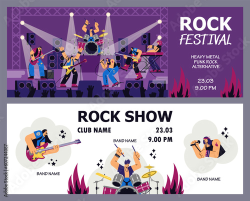 Set of vector template tickets Rock band show, festival. Guitar player, pianist, vocalist and drummer in disproportionate characters.