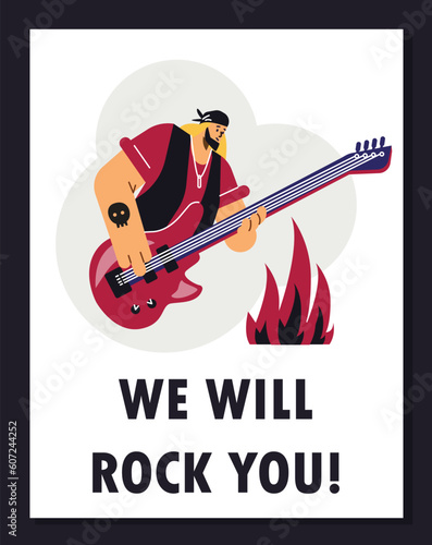 Vector isolated illustration of talent Rock band artist plays guitar, metal rock music near the fire in disproportionate characters.