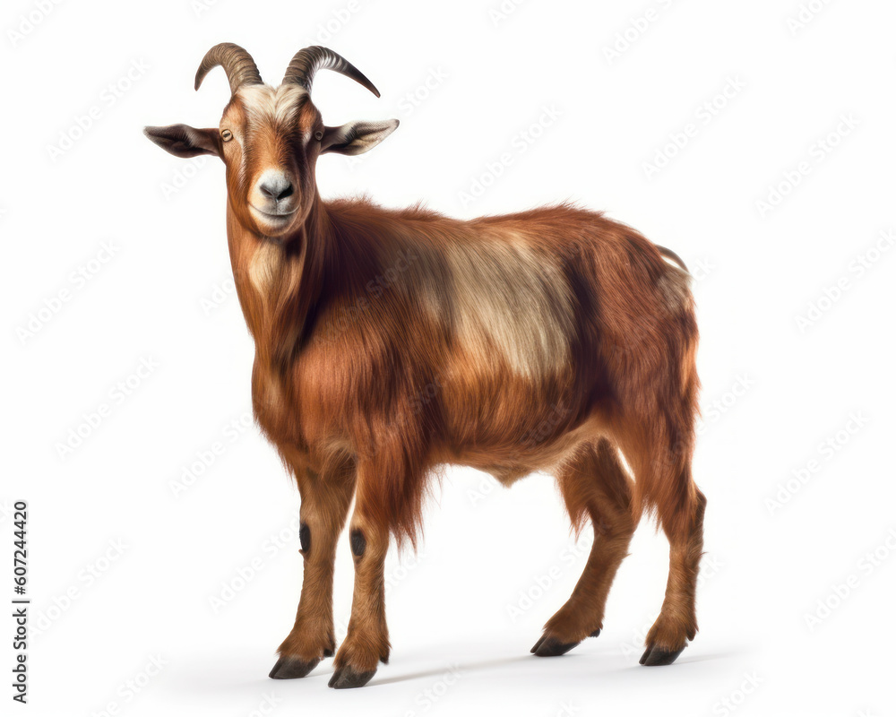Fototapeta premium photo of Oberhasli goat isolated on white background. Generative AI