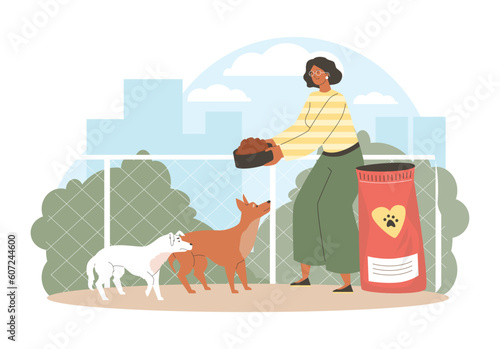 Volunteer feeds animals at homeless dog shelter vector illustration isolated.