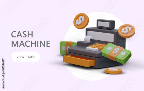 Realistic 3d cash machine print tab, banknotes, credit card. Web page for financial fund company concept. Financial management, landing page with button view more. Vector illustration