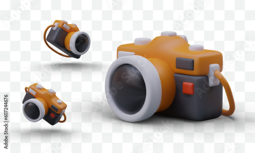Set of realistic cameras from different angles. Stylish 3D camera with shadows. Modern photography equipment. Illustration for web pages, phone applications, advertising templates