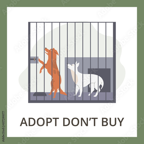 Squared banner with stray dogs in cage flat style, vector illustration