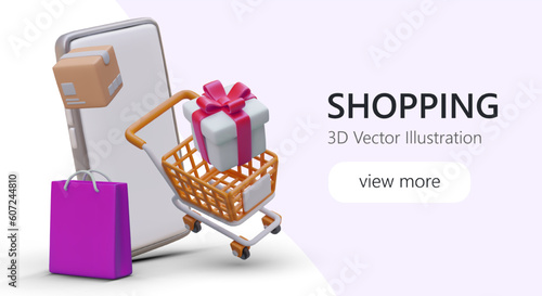 Cartoon realistic poster with 3d mobile phone, cart with gift and bag. Online shopping via mobile phone. Affordable purchase of gifts for relatives. Vector illustration in pink colors