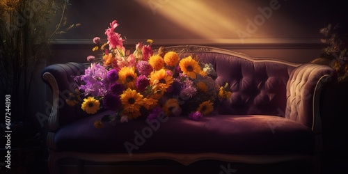 a bouquet of blossoms that are now resting on a sofa Generative AI photo