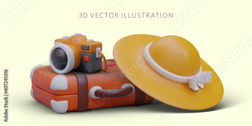 3D accessories of vacationer. Ready to travel. Bright vector concept for advertising travel applications. Realistic suitcase, women sun hat, camera. It is time to visit interesting places