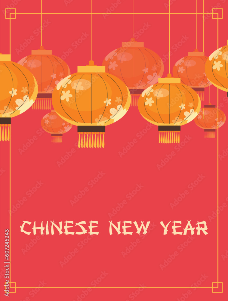 Naklejka premium Chinese New Year greeting card, festive yellow lanterns - flat vector illustration.