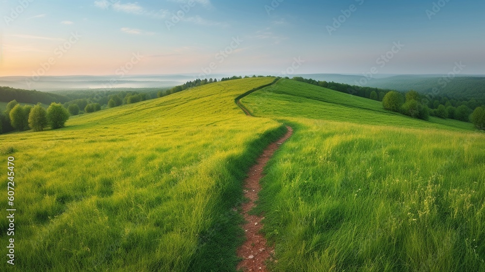 Picturesque winding path through a green grass field  Generative AI