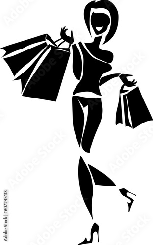 Black stylized silhouette. Cheerful and smiling girl with purchases. Logo.