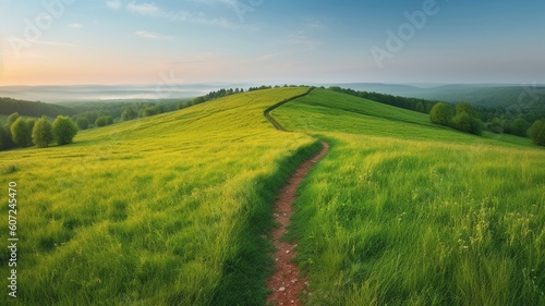 Picturesque winding path through a green grass field Generative AI