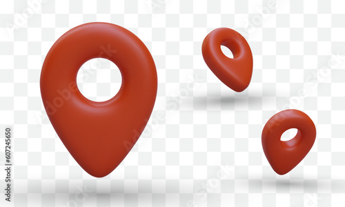Set of 3d realistic location sign in different positions. Concept of signs for use on travel maps, websites and posters. Map pointer 3d pin. Vector illustration in red colors