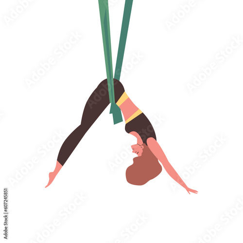 Woman in sportswear practicing aerial yoga in hammock, flat vector illustration isolated on white background.