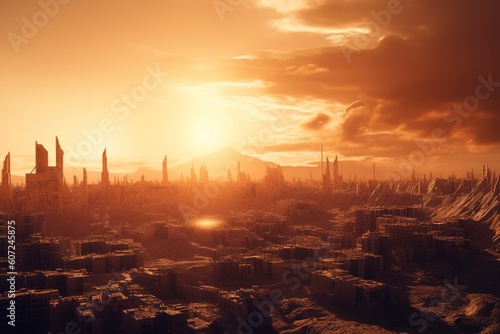 A metropolis populated by towering structures is seen as the sun goes down in the distance. Generative AI