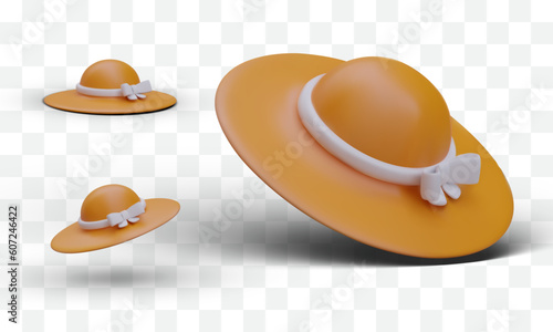 Elegant women hat with wide brim and bow. Set of 3D hats for summer. Wide brimmed yellow panama. Realistic women accessory from different sides. Vector collection, isolated elements