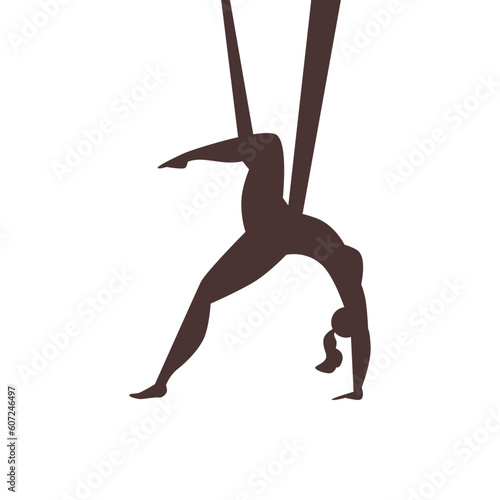 Woman back stretching in hammock for aerial yoga, black silhouette vector illustration isolated on white background.