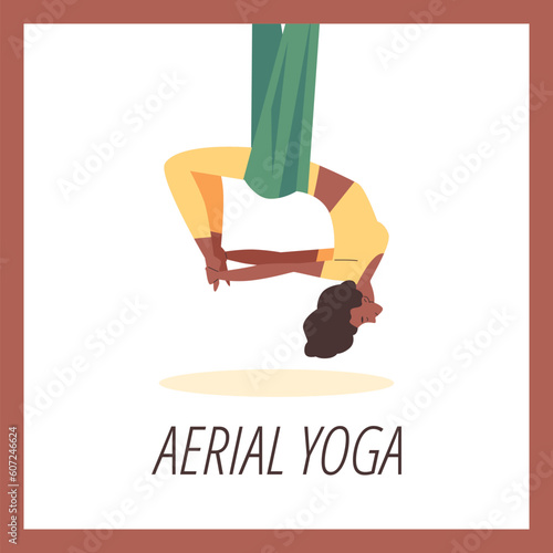 Relaxed woman stretching in hammock, aerial yoga poster - flat vector illustration.