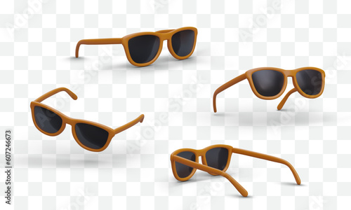 Cartoon realistic 3d sunglasses in different positions. Product for company selling sunglasses, glasses model for advertising poster. Vector illustration in orange color