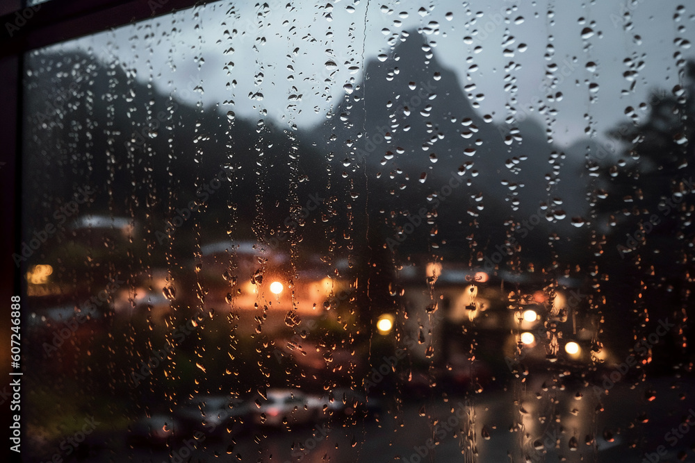 Photograph of mountain, taken at dusk on a rainy day, water beading on glass, camera focus on window. AI generative