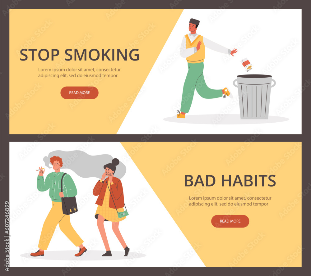 Stop smoking and quit tobacco addiction banners, flat vector illustration.