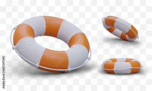 Set of 3D lifebuoys with shadows. Isolated realistic images. Striped lifebuoy from different sides. Bright illustration, symbol of salvation. Rescue device for drowning