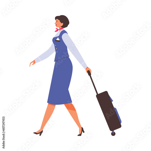 Stewardess going with luggage flat style, vector illustration