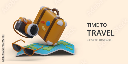 Hot offers for tourists. Bright photos and impressions from tour. Advertising color offer from travel agency. Website banner with modern 3D illustration
