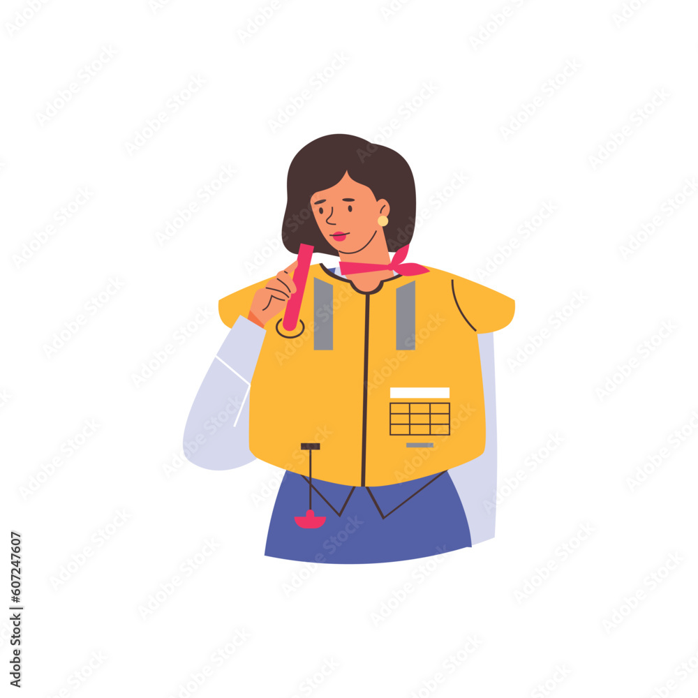 Beautiful stewardess demonstrates how to use life jacket flat style Beautiful stewardess demonstrates how to use life jacket flat style