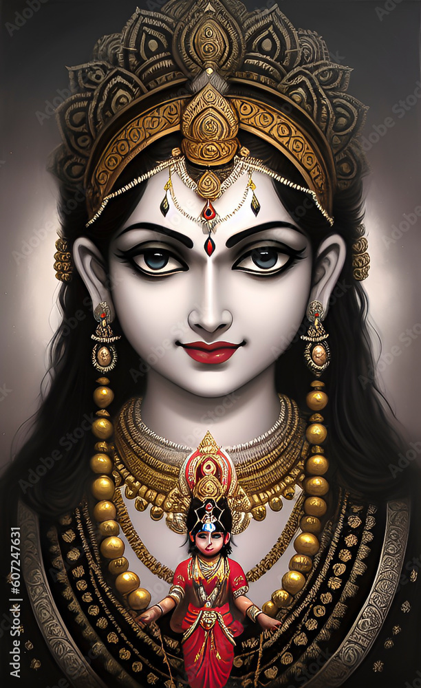 Shree Krishna, dark black and blue skinned God of Hinduism, radiates