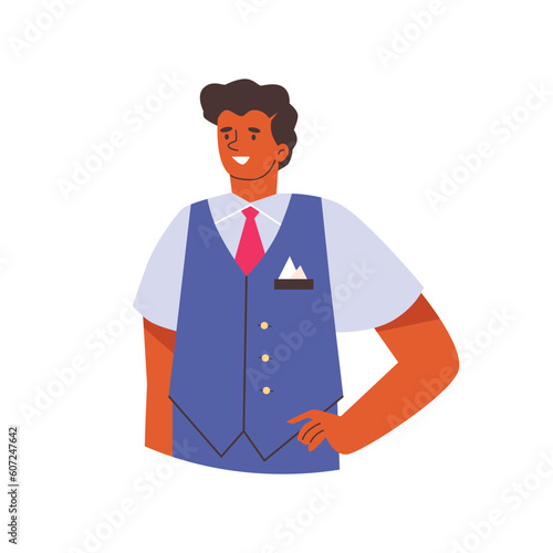 Smiling curly steward in blue uniform flat style, vector illustration