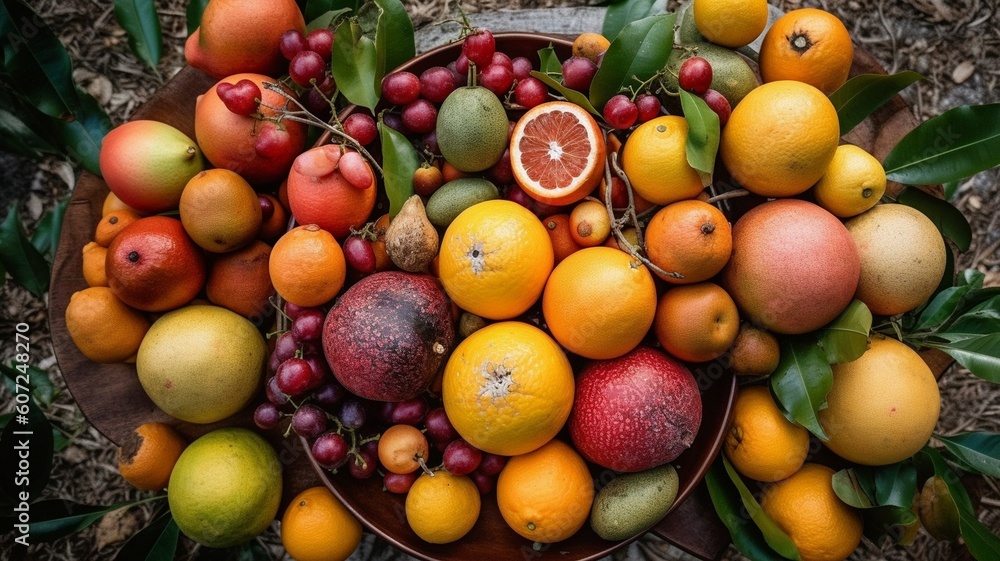 Variety of fresh ripe fruits in the garden Generative AI Variety of fresh ripe fruits in the garden Generative AI
