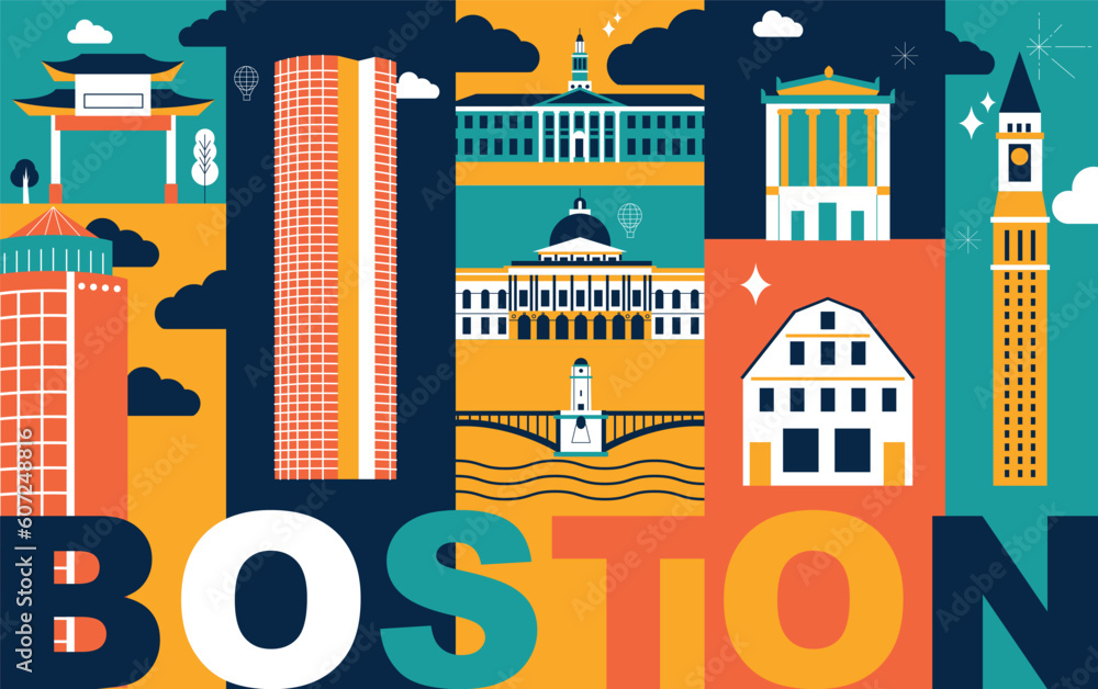 Boston culture travel set, famous architectures and specialties in flat design. Business travel and tourism concept clipart. Image for presentation, banner, website, advert, flyer, roadmap, icons