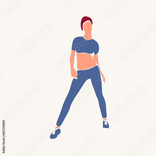 Standing woman. Sport girl illustration. Casual sportwear - t-shirt, breeches and sneakers. Young woman wearing workout clothes. Sport fashion girl outline in urban casual style.