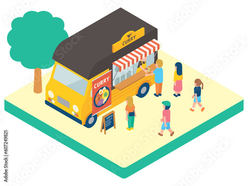 アイソメトリック　キッチンカー　カレー