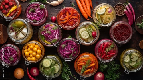 Jars with variety of pickled vegetables and fruits Generative AI
