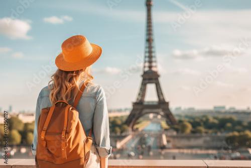 Young girl with bright backpack in hat stands with her back and looks into the distance at the Eiffel Tower in Paris in the sun. Travel Adventures. Close-up. Generative AI content