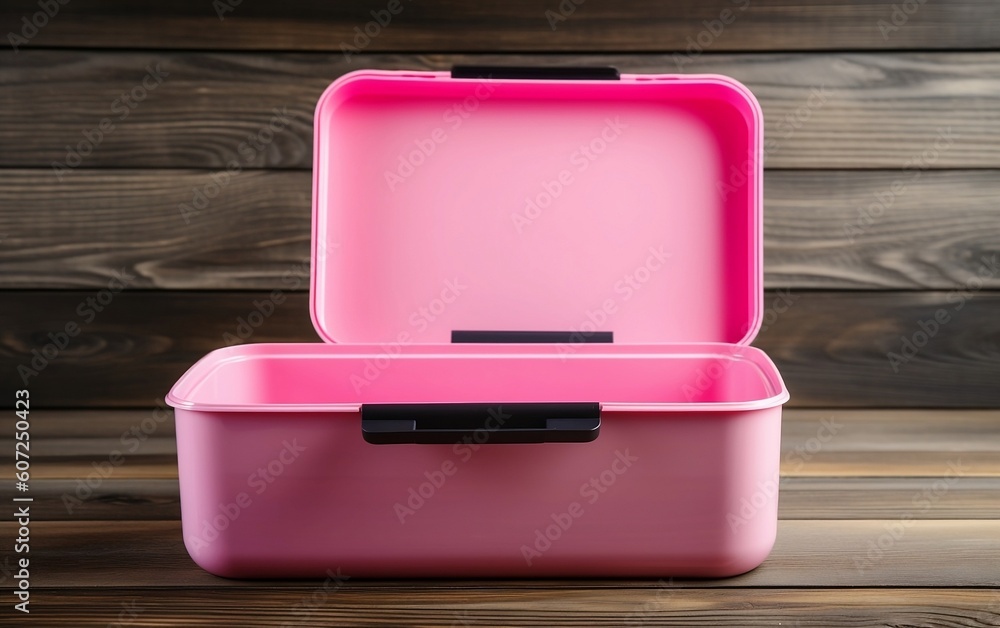 Empty pink lunch box mockup on the wooden background created with Generative AI technology Empty pink lunch box mockup on the wooden background created with Generative AI technology