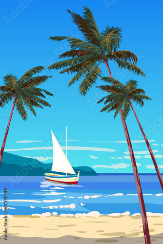 Tropical island seachore, sailboat, palms, sea, ocean