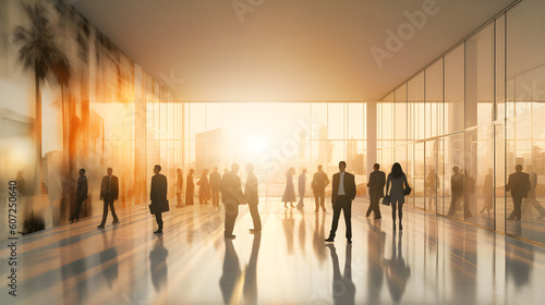 Blurred business people in white glass office background  Generative AI