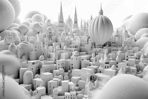 Generative AI illustration of Muslim City with many mosques floating in the sky surrounded by white clouds  the Muslim paradise