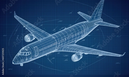 Infographic blueprint displays the precise technical details of a plane. Creating using generative AI tools