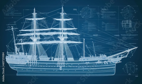 The blueprint of the ship showcases the detailed design and layout of its various compartments. Creating using generative AI tools