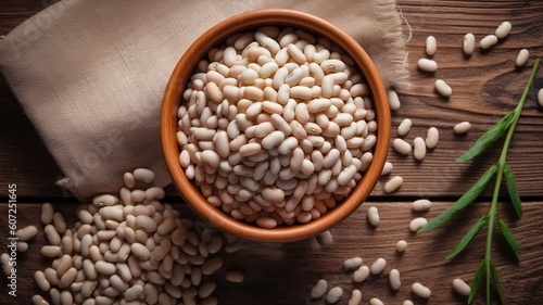 Composition with bowl of white beans on wooden table Generative AI