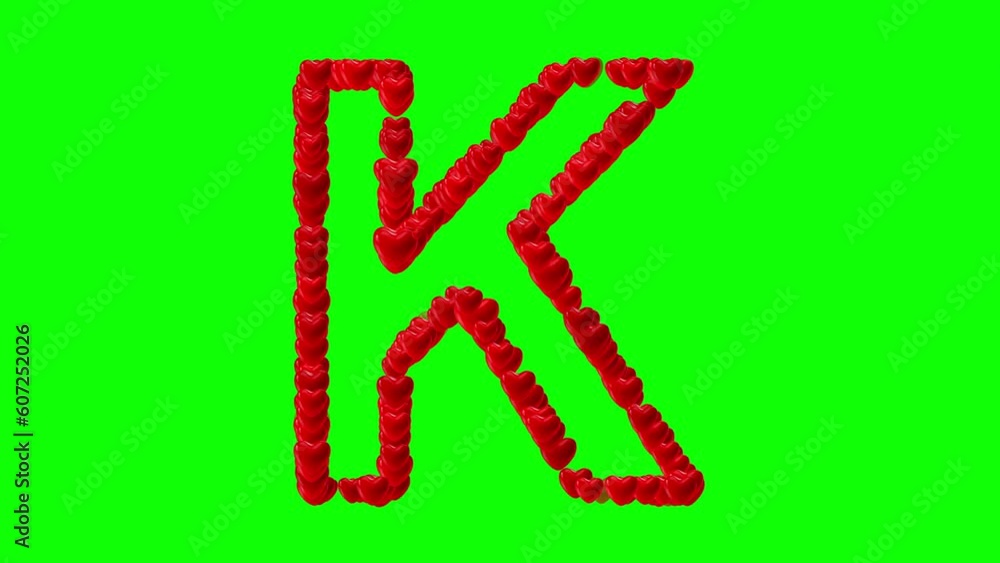 English alphabet K with red hearts on green screen background English alphabet K with red hearts on green screen background