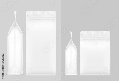 Realistic coffee bag with de-gassing valve mockup set. Vector illustration. Set of two sizes. Ideal for the presentation your coffee product. EPS10.