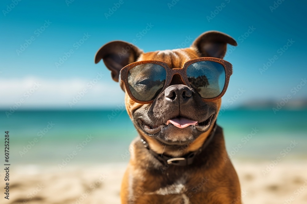 Cute puppy wearing sunglasses , enjoys the sun on the beach. Summer holidays concept. Generative AI