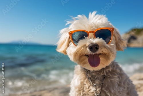 Cute puppy wearing sunglasses , enjoys the sun on the beach. Summer holidays concept. Generative AI © pcruciatti